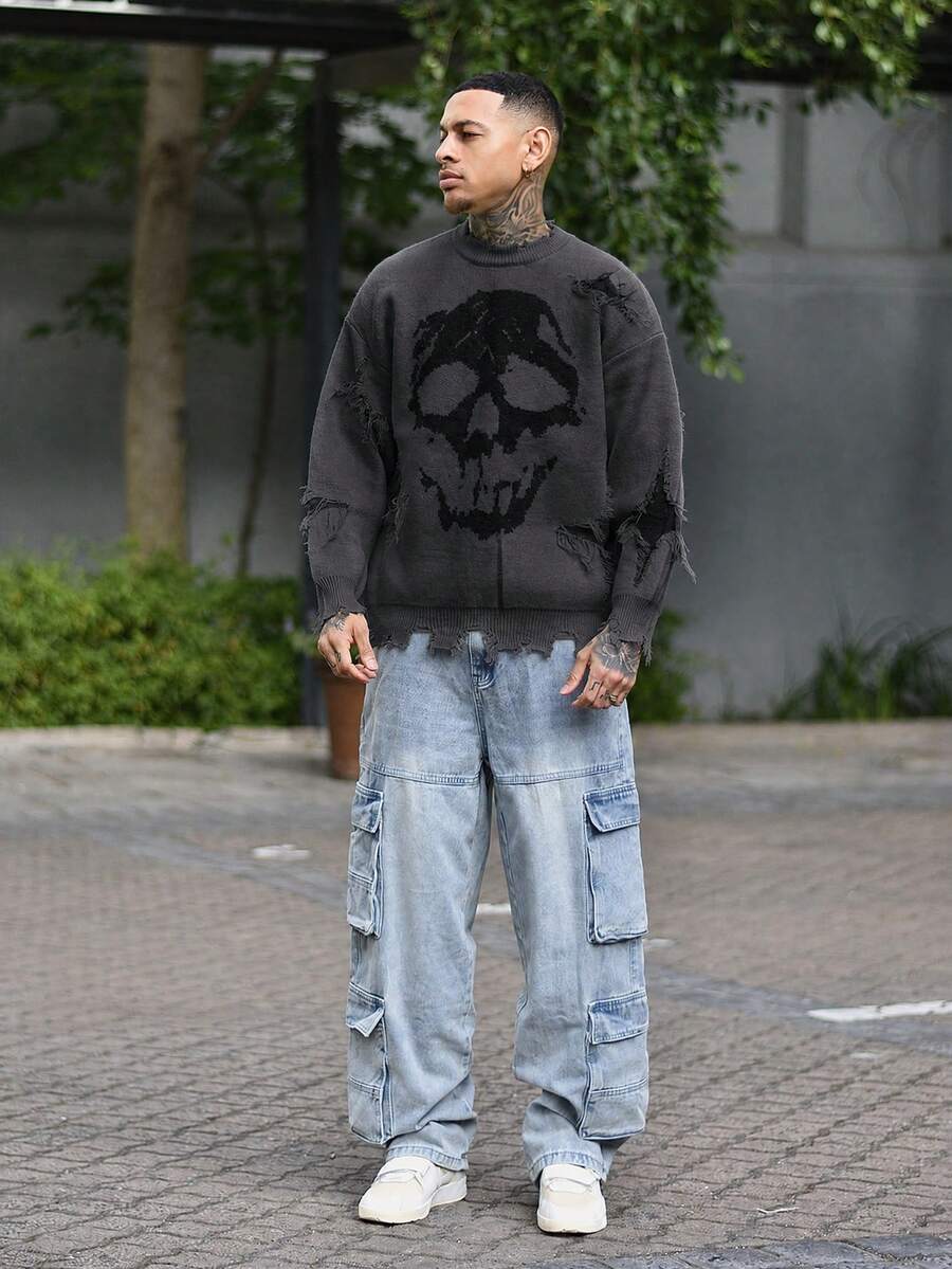 Devon Thys ANDREILEE 男士骷髅图案做旧流苏圆领休闲毛衣 - 灰色 - 查看 1