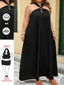 SHEIN CURVE+ Đầm dệt kim dáng rộng màu đen trơn không tay, vạt trước ngắn vạt sau dài, dành cho nữ cỡ lớn, thích hợp mặc thường ngày, đi nghỉ mát, mùa xuân/hè, có thể mặc như đầm hè. - màu đen - Xem 1