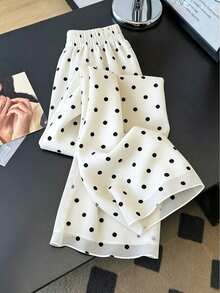 GlowEve Pantalones rectos de cintura elástica con estampado de lunares clásico en blanco y negro, de tela de gasa, para uso casual y de oficina para mujeres, para primavera/verano - Albaricoque - Ver 3