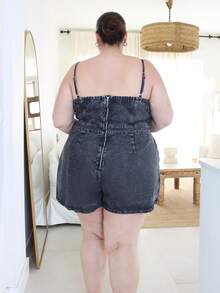 Pretty and Ole Plus Size Denim Jumpsuit, Casual Bib Overall Fitted Mini Blue Black Summer - Black - View 2