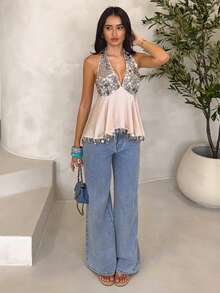 Glamine Áo vest hở lưng cổ yếm đính sequin và tua rua thanh lịch, thời trang cho các buổi hẹn hò và đi chơi mùa xuân/hè. - Màu be - Xem 5