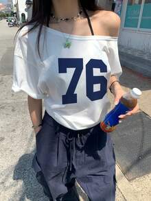 INAWLY 女士数码印花圆领可变肩短袖 T 恤，夏季图案 T 恤女式上衣 - 白色 - 查看 3