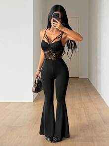 SHEIN ICON Bộ jumpsuit nữ gợi cảm phối ren xòe. - màu đen - Xem 5