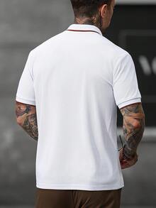 Manfinity Homme 男士白色與棕色對比色短袖 Polo 衫，夏季休閒高爾夫上衣，羅紋領口與假口袋設計，老錢風設計師款，正式 - 白色 - 查看 5