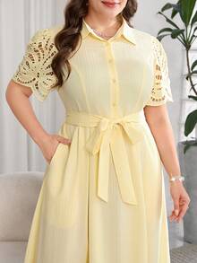 SHEIN Clasi Plus Size Women's Navy Blue Striped Lapel Short Sleeve A-Line Work Commute Dress - Pale Yellow - View 2