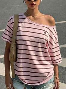 SHEIN EZwear 女款夏季休閒粉色條紋T恤，街頭風學院印花落肩短袖寬鬆上衣，適合城市度假與音樂節 - 彩色 - 查看 6
