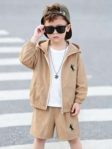 2pcs/Set Young Boy Casual Minimalist Sports Hooded Jacket And Shorts, Suitable For Daily Wear, School, Sports, Spring/Summer/Autumn - Khaki - View 3
