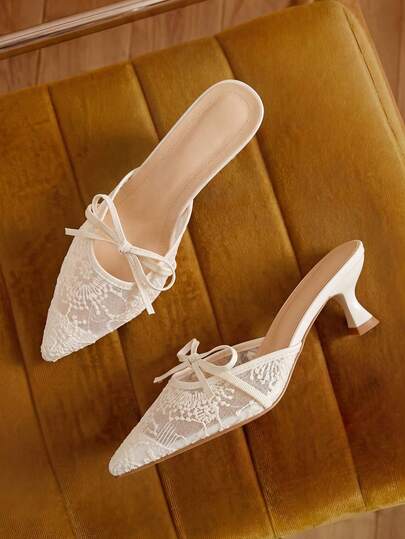 Eladyva French Mesh Closed Toe Mule Sandals For Women, Pointed Toe Elegant Stiletto High Heel Slip-On Shoes For Summer,Kitten Heels