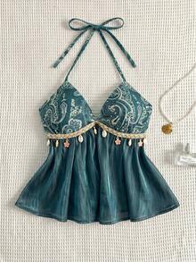 Flirla Trang phục thường ngày, dự tiệc mùa xuân/hè dành cho nữ, họa tiết Paisley phong cách Bohemian, trang trí tua rua vỏ sò, dây áo mảnh thắt nơ. - Màu xanh lá cây đậm - Xem 1