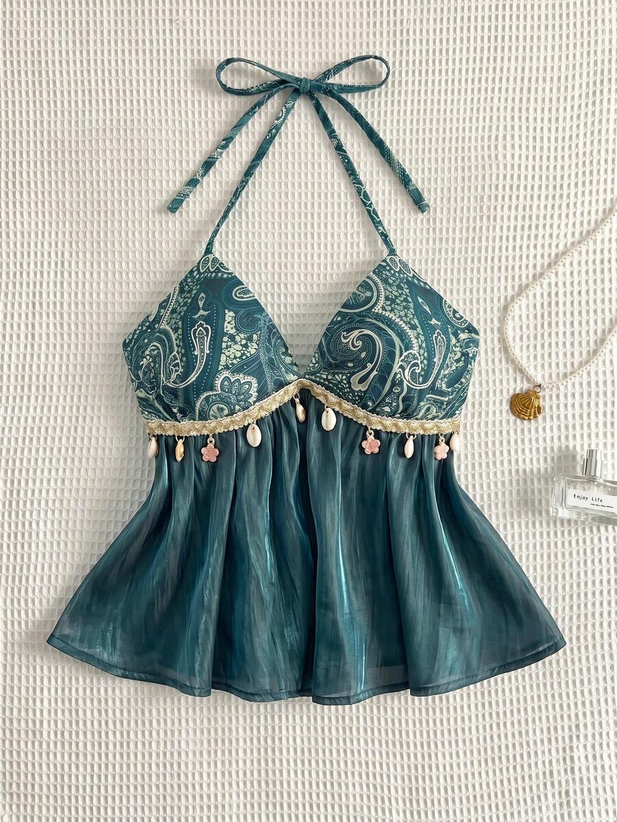 Flirla Trang phục thường ngày, dự tiệc mùa xuân/hè dành cho nữ, họa tiết Paisley phong cách Bohemian, trang trí tua rua vỏ sò, dây áo mảnh thắt nơ. - Màu xanh lá cây đậm - Xem 1