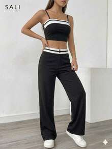 Conjunto para Mujer Pantalón Pierna Recta y Top Strapless con Cintas Decorativas. - Negro - Ver 5