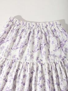 SHEIN 少女珍珠裝飾泡泡袖T恤與花卉印花裙 2件套 - 紫色 - 查看 5