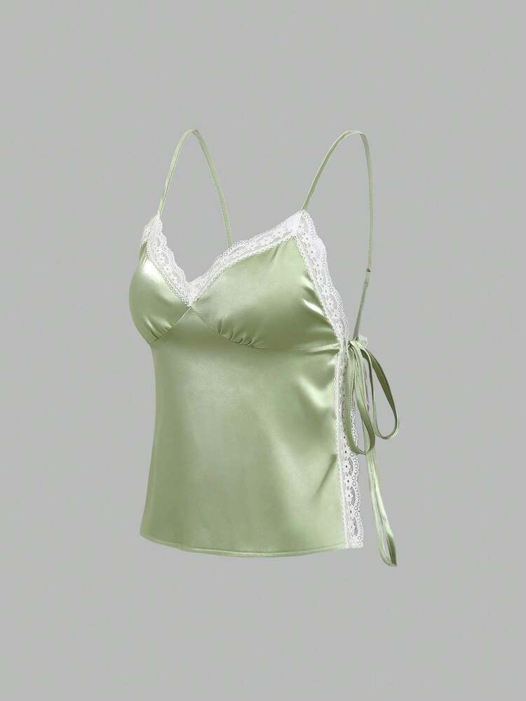 Sweetra New Spring/Summer Spaghetti Strap Camisole, Contrast Lace Design, Sexy Chic, Suitable For Vacation & Casual Wear - Army Green - View 1