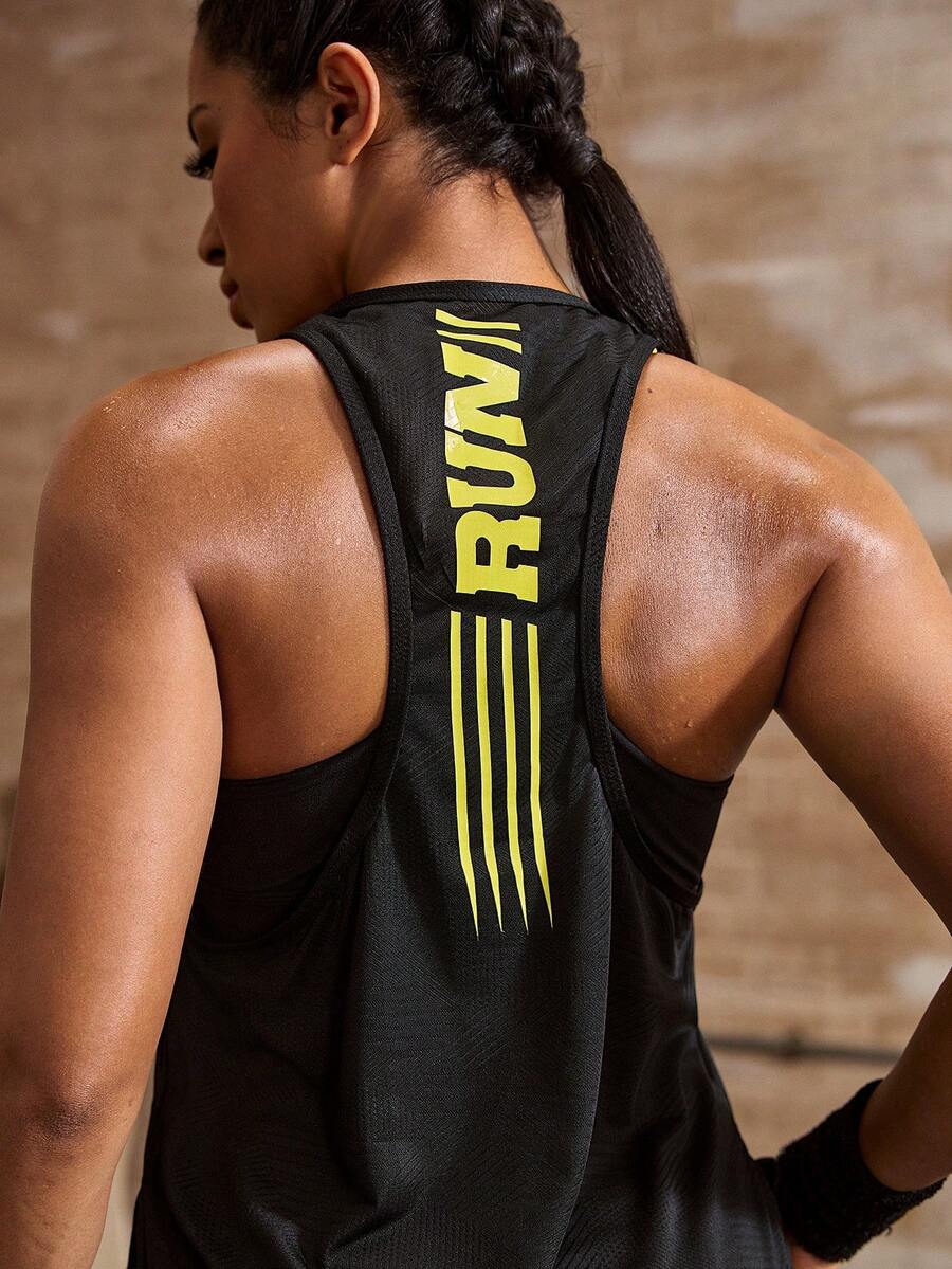 Powerista Camiseta de tirantes de verano con estampado de letras y rayas para deportes - Negro - Ver 1