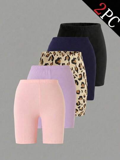 2 sets de leggings para niñas, incluye diseños versátiles de estampado de leopardo clásico y negro sólido, hechos de tela de punto de poliéster suave y amigable con la piel con caída suave y ajuste cómodo, silueta ajustada, lavable a máquina