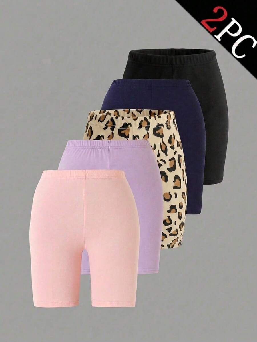 2 sets de leggings para niñas, incluye diseños versátiles de estampado de leopardo clásico y negro sólido, hechos de tela de punto de poliéster suave y amigable con la piel con caída suave y ajuste cómodo, silueta ajustada, lavable a máquina - Multicolor - Ver 1