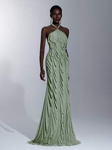 Elitara Elegant Green High-Stretch Knit Mesh Metal Decor Tie Neck Multilayer Ruffle Jellyfish Tail Evening Gown,Women's Dress For Wedding,Party & Vacation - Grass Green - View 5