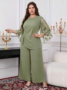 Reflora Plus Size Summer Elegant Mesh Patchwork Asymmetric Hem Top And Pants 2 Pieces Set - Mint Green - View 3