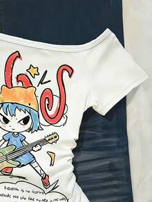 Camiseta casual de mujer con hombro asimétrico y mangas cortas a rayas - Blanco 3 - Ver 5