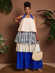 Maweii Beige,Summer,Boho,Vacation,Holiday Strapless Tie Back Bow Backless Ruffle Trim Bustier Top,Geometric Print Polka Dot Multi-Tier Flowy Maxi Dress - Multicolor - View 3