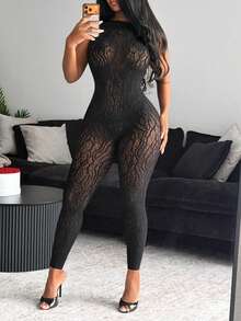 BamGleam 女士性感镂空透视连体衣无袖渔网连体衣 - 黑色 - 查看 2