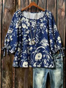 SHEIN LUNE CURVE Áo kiểu nữ cỡ lớn tay ngắn in họa tiết hoa lan, thắt nơ. - Nhiều màu - Xem 1