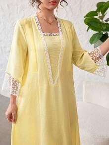 Yasmyna Romantic Lace Patchwork Ruffle Long Sleeve Loose Flowy Slimming Elegant Lady Date Dress - Yellow - View 3