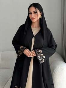 Yasmyna Abaya Arab Longgar Lengan Panjang Bordir Bunga untuk Wanita - Hitam - View 4