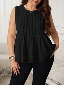 SHEIN LUNE Plus Size Solid Color Round Neck Pleated Casual Versatile Tank Top, Suitable For Summer - Black - View 8