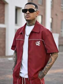 Devon Thys 2pcs Men's Star Print Zip Front Short Sleeve Shirt And Shorts Set With Contrast Trim Men's Co Ord Set Men's Red Short Set Men's Short Set Men's 2 Pieces Short Set Red Red Casual Men Set - Burgundy - View 4