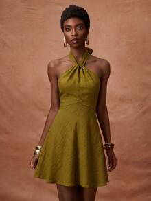 Zivah Women's Textured Pleated Halter Neck Tie Waist Dress, Elegant - Mustard Yellow - View 6