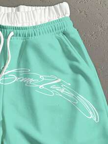 Manfinity Roghcode Pantalones cortos casuales y versátiles para uso diario con cintura con cordón y estampado de letras para hombres - verde menta - Ver 4