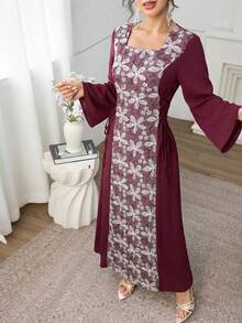 Yasmyna Gaun Musim Semi & Musim Panas Elegan dengan Leher Persegi, Kain Bordir Patchwork, dan Pinggang Ramping untuk Wanita - Burgundy - View 7