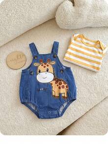 Newborn Baby Girl Casual Cute Cartoon Pattern Bib Pants & Striped T-Shirt Set - Blue - View 4
