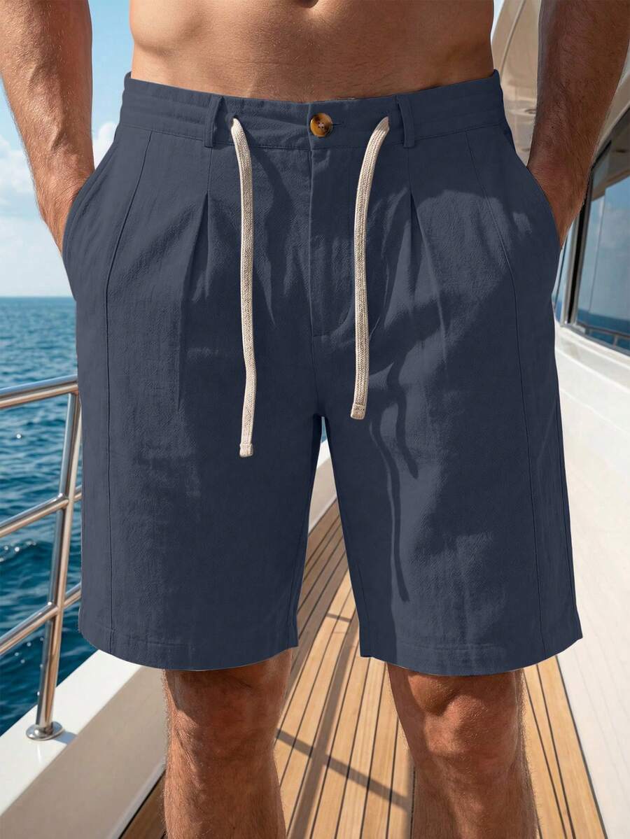 VENTUSAIL Men's Cotton Linen Drawstring Shorts,Navy Blue Summer Casual Beach Holiday Bohemian Style Versatile Commuter Pocket Shorts For Men - Navy Blue - View 1