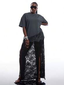SHEIN EZwear 大码不对称下摆蕾丝宽松短袖T恤，夏季上衣，不对称蕾丝衬衫，女士大码T恤，深灰色 - 深灰色 - 查看 6