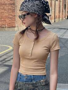 Dazy Kids Teen Girl Fitted Solid Color Short Sleeve T-Shirt - Apricot - View 3