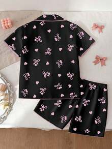Tween Mädchen Pyjama-Set mit 2 Stücken, bequemer und modischer Webstoff mit Schmetterling-, Kirsch- und Herzdrucken, Kurzarmoberteil und Shorts, Sommer - Pink - Übersicht 1
