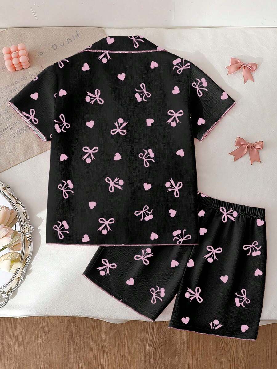 Tween Mädchen Pyjama-Set mit 2 Stücken, bequemer und modischer Webstoff mit Schmetterling-, Kirsch- und Herzdrucken, Kurzarmoberteil und Shorts, Sommer - Pink - Übersicht 1