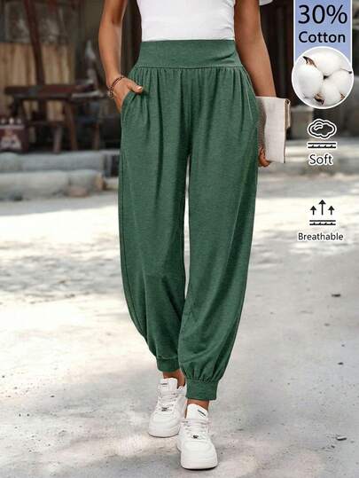 EMERY ROSE Quần jogger nữ màu trơn, cạp cao, có túi, kiểu dáng thường ngày.