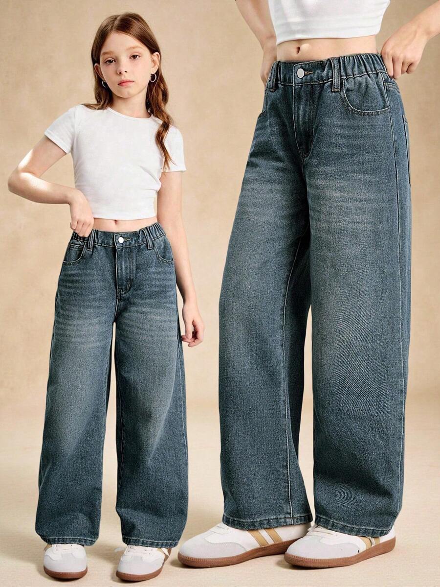 SHEIN StreetCool Tween Girl 复古宽松阔腿牛仔裤,休闲直筒牛仔裤 - 水鴨藍 - 查看 1