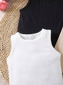 SHEIN Vintaside Kids 3件套少女百搭黑色、白色、卡其色弹力吊带背心，适合日常休闲、度假、夏季穿着 - 彩色 - 查看 3