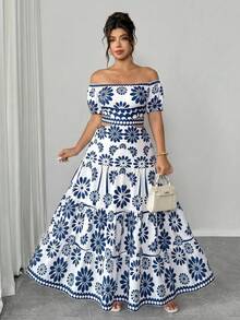 Elenzga Plus Size Two-Tone Print Off-Shoulder Waist Hollow Back Bow Decor Flared Maxi Dress, Elegant Boho For Outing, Date Beach Vacation, Party, White Summer - Blue and White - View 7