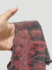 ROMWE Goth 女款哥德風酷炫透視網紗骷髏心形與藤蔓印花上衣 - 黑色 - 查看 5