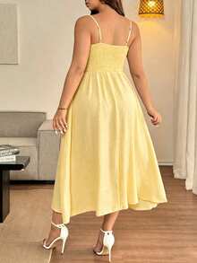 Vionelle Plus Size Spaghetti Strap Backless Waist Cinching Slit Sexy Business Casual Traditional Flapper 1920s Elegant Dress Butter Yellow Summer Brunch - Yellow - View 2