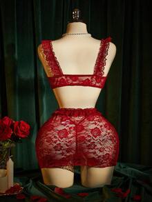 SpicyHot 3件套蕾丝性感内衣套装，女士性感内衣，成人款，蜜月，火辣，约会之夜，性感内衣，渔网性感内衣，内衣套装，性感套装 - 酒紅色 - 查看 2