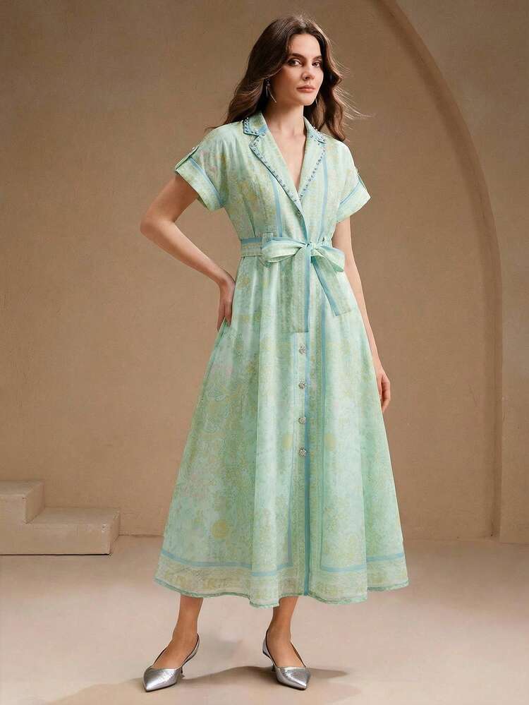 Spring/Summer Elegant Green Rhinestone Collar Short Sleeve Tie Waist Midi Vacation Dress For Women