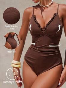 Shapewave 1pc Brown V-Neck Tummy Control Swimsuit With Lace Trim, Elegant & Graceful, Spring/Summer - Brown - View 7