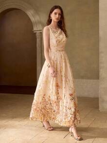 MOTF PREMIUM ELEGANT INTELLECTUAL FOIL FLORAL PRINT WAIST-CINCHED SLEEVELESS DRESS, HIGH-END FEEL, SUITABLE FOR SPRING/SUMMER EVENING GALA VACATION BEIGE - Apricot - View 6