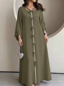 Yasmyna 女士纯色系带休闲派对阿拉伯风格连衣裙 - 軍綠色 - 查看 3